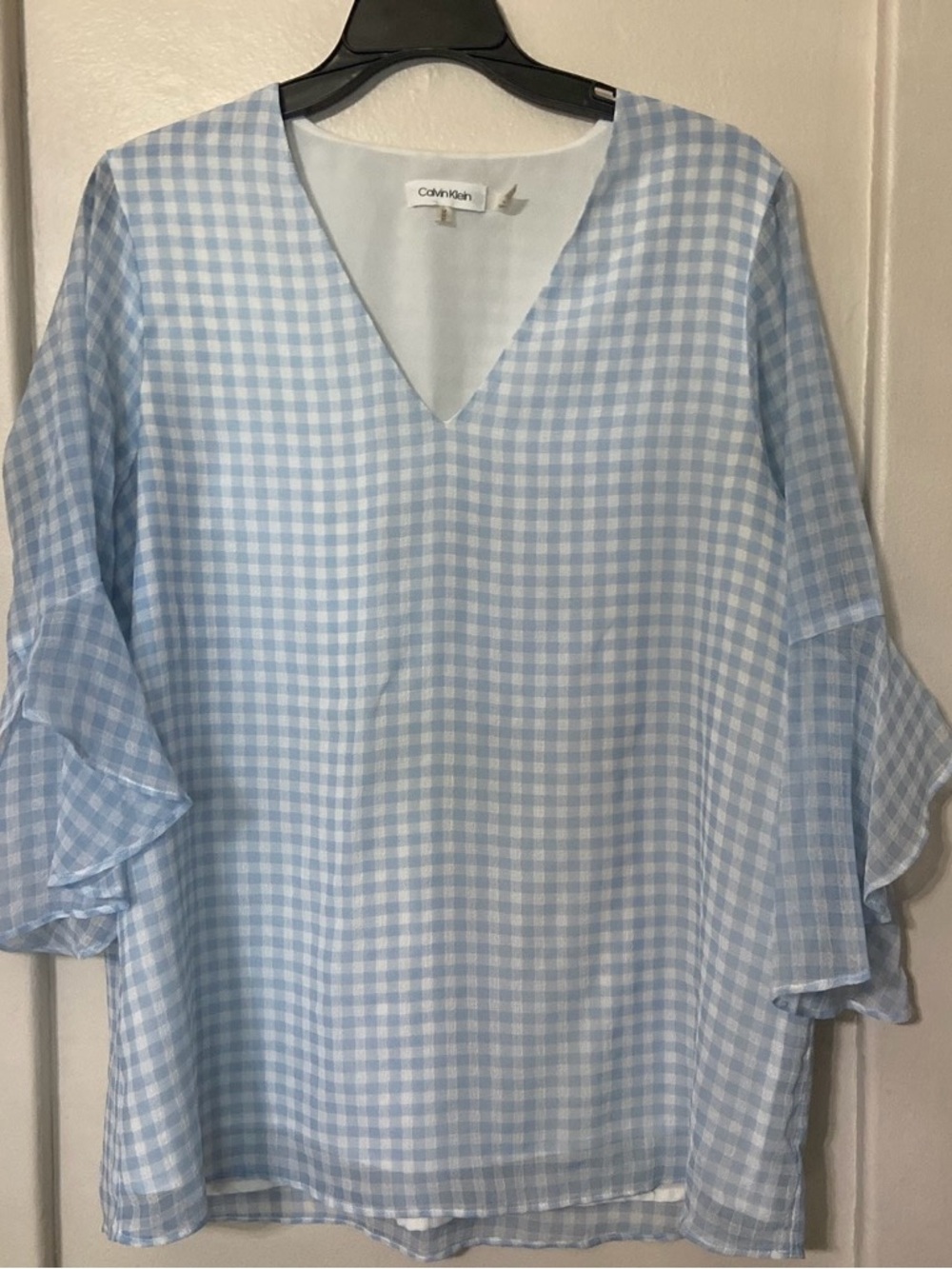 Calvin Klein Blue Gingham V-Neck Tunic with Flutter Sleeves